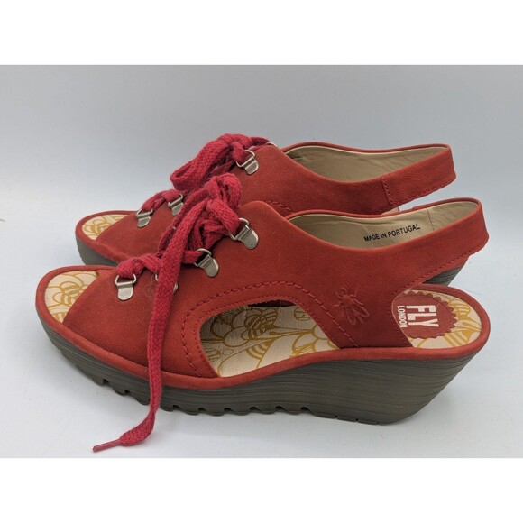 Fly London Ylfa Scarlet Red Leather Lace up Comfort Wedge Sandals Sz 40 - Picture 3 of 8